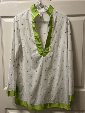 Molly B Women’s Green/White Tunic with Trim. Resortwear Preppy Classic Size L